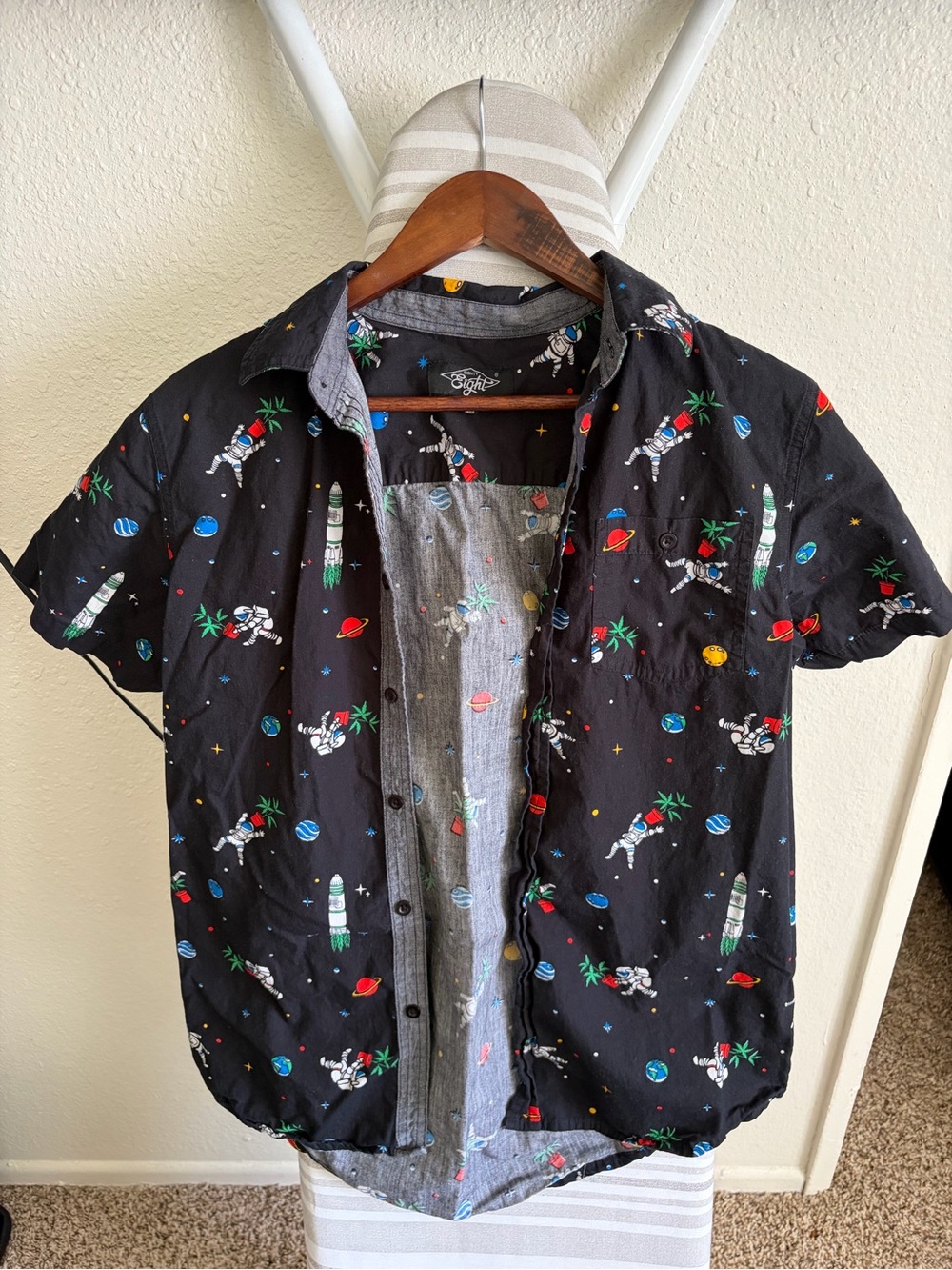 Eighty Eight Black Short-Sleeve Space Print Button-Up Shirt